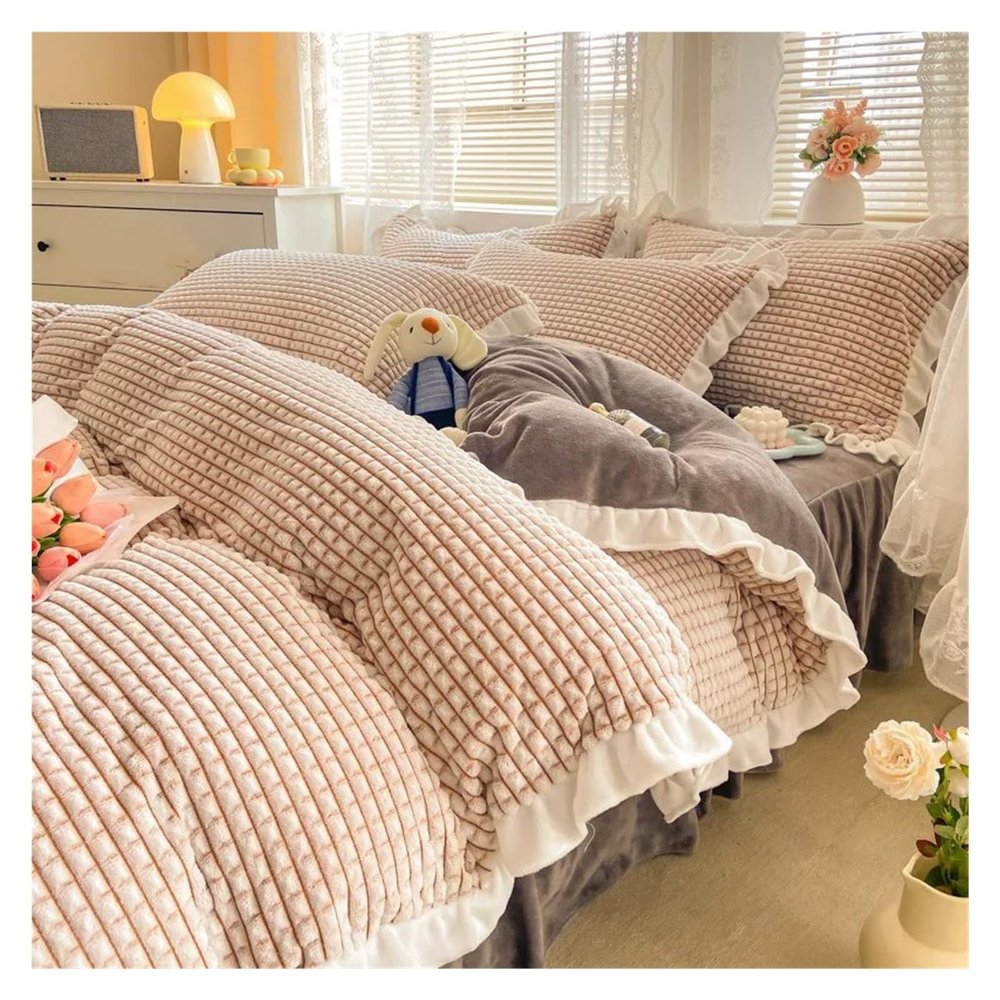 QuKan Bed, Winter Thickened facecloth Quilt Cover Warm Coral Velvet Quilt Cover Sheet Pillowcase Soft Luxury Quilt Cover Bedding Set