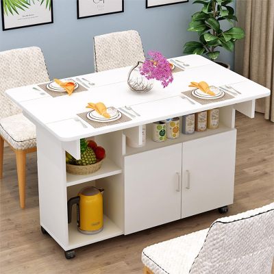 Extendable Folding Dining Table, Drop Leaf Kitchen Table, Fold Up Dining Table with Drawer & Storage Shelves, Rolling Space Saving Dining Table By 6 Wheels, in 3 Forms, Space Saving ( Color : White-A