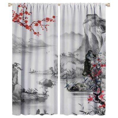 Asian Decor Decor Window Curtain Red Plum Blossom Branch Chinese Oriental Sun Misty Mountains Ink for Bedroom Living Room Darkening Window Drapes 2 Panels 42x54 Inch