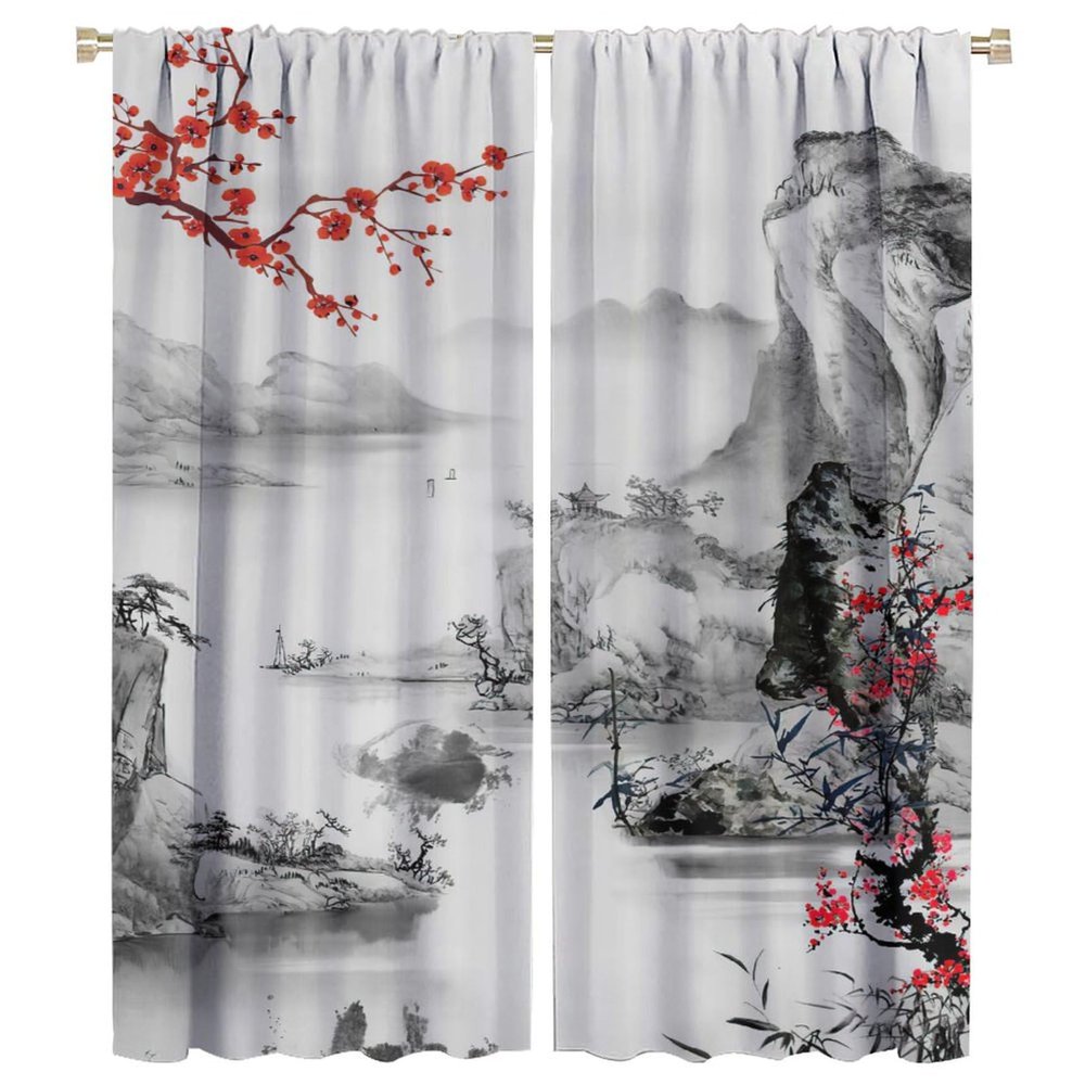Asian Decor Decor Window Curtain Red Plum Blossom Branch Chinese Oriental Sun Misty Mountains Ink for Bedroom Living Room Darkening Window Drapes 2 Panels 42x54 Inch
