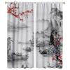 Asian Decor Decor Window Curtain Red Plum Blossom Branch Chinese Oriental Sun Misty Mountains Ink for Bedroom Living Room Darkening Window Drapes 2 Panels 42x54 Inch view 1
