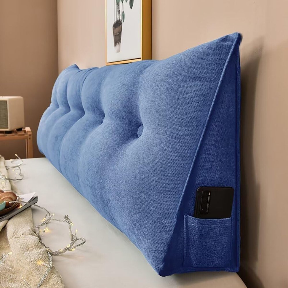 HIOSIEFUO Triangular Upholstered Headboard Wedge Pillow Queen Wedge Reading and Sleeping Pillow Cushion Recliner Dorm Pillow with Removable Cover (Color : Dark Blue, Size : 120cm/47.2inch)