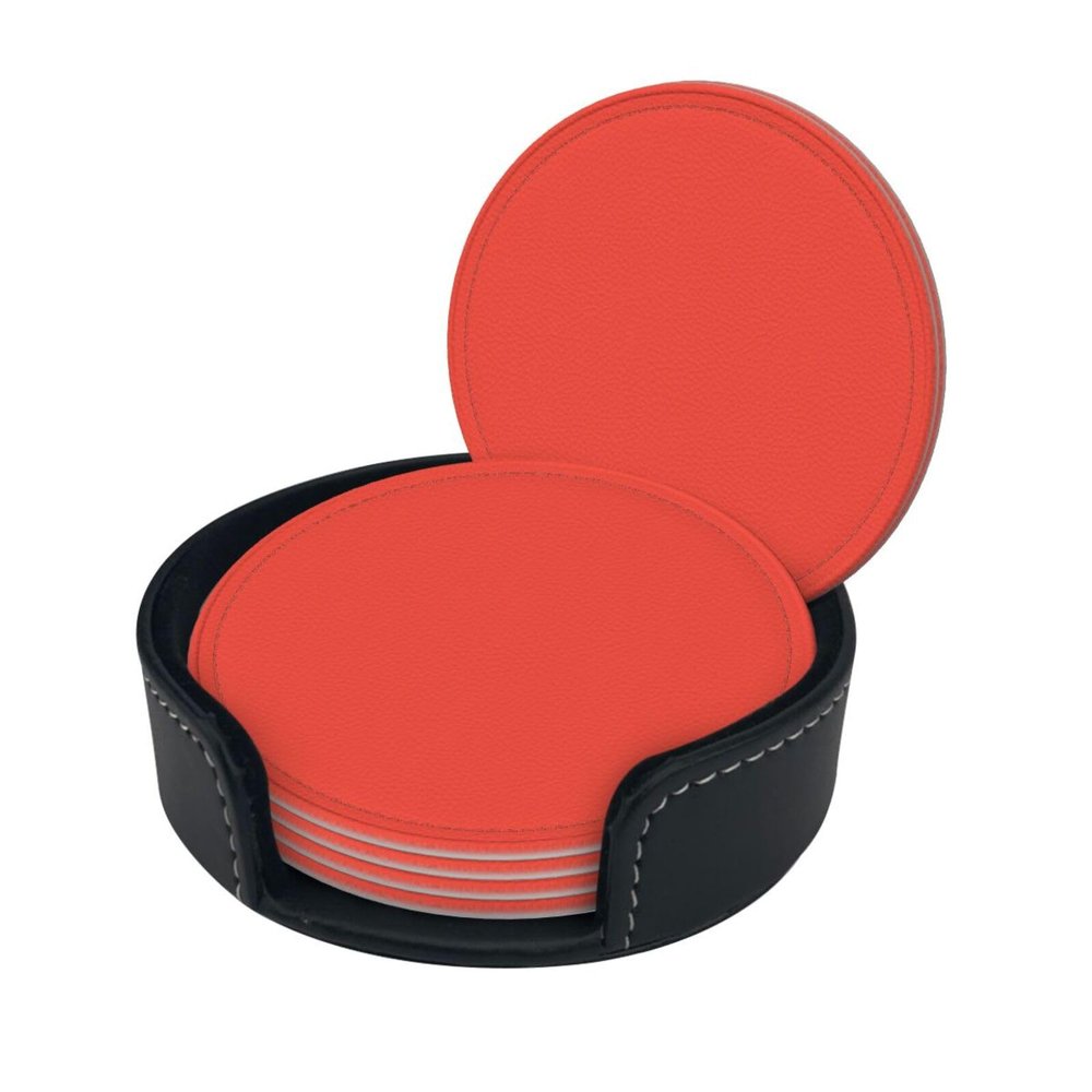 Coasters for Drinks Set of 6 Leather Round Ccoffee Table Coasters with Storage Box Home Decor Cup Pad - Coral Red