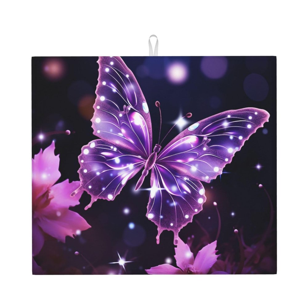 Cute Purple Butterfly Print Dish Drying Mat for Kitchen Counter Super Absorbent Microfiber Drainer Mats Large Size Dish Drying Pad Quick Drying Dish Rack Pad 18"x 16"