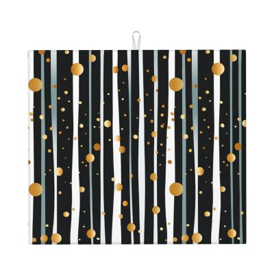 Ink and Gold Dot Stripes Print Dish Drying Mat for Kitchen Counter Super Absorbent Microfiber Drainer Mats Large Size Dish Drying Pad Quick Drying Dish Rack Pad 18"x 16"