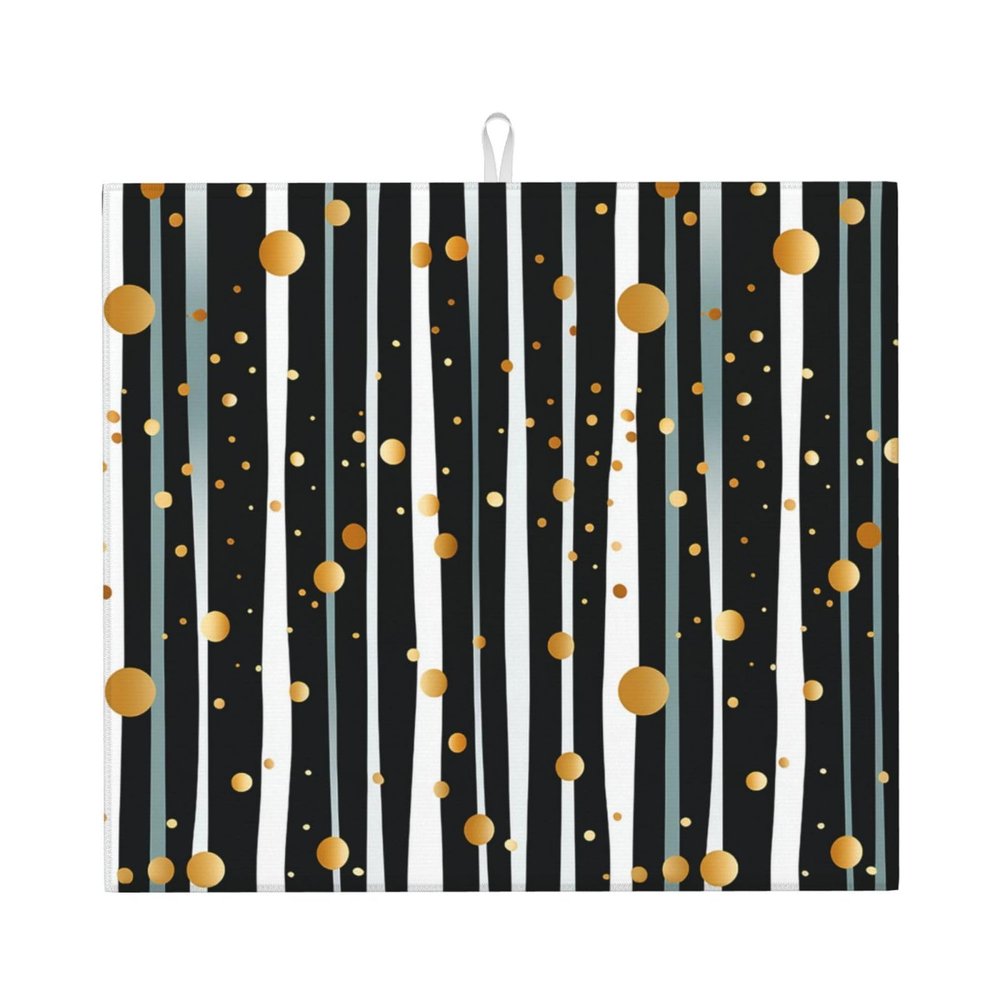 Ink and Gold Dot Stripes Print Dish Drying Mat for Kitchen Counter Super Absorbent Microfiber Drainer Mats Large Size Dish Drying Pad Quick Drying Dish Rack Pad 18"x 16"