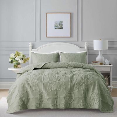 B2EVER Green Damask Quilt Queen Size Bedding Sets with 2 Pillow Shams, Boho Bedspread Lightweight Soft Farmhouse Vintage Bohemian Coverlet Retro Jacquard Pattern Bed Cover for All Season, 3 Pieces