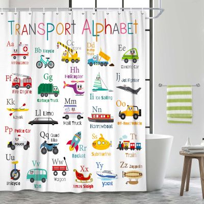 Grtuspr Vehicles Alphabet Shower Curtain for Kids, Kid Excavator Tractor Machinery Trucks Curtain, Construction Vehicle Boys, Bulldozer Crane Bath Equipment Truck