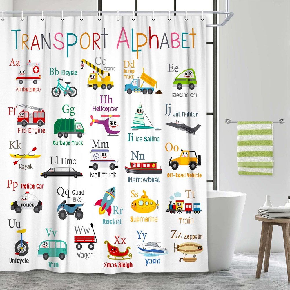 Grtuspr Vehicles Alphabet Shower Curtain for Kids, Kid Excavator Tractor Machinery Trucks Curtain, Construction Vehicle Boys, Bulldozer Crane Bath Equipment Truck