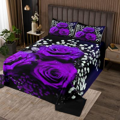 Valentine's Day Bedspread Queen Size,Rose Flowers Romantic Coverlet Set,Girls Women Room Decor,Florals Rustic Farmhouse Quilted Coverlet,Purple Dreamy Bedding Quilt,2 Pillowcases