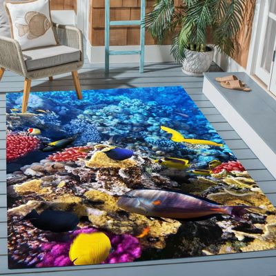 3D Vision Seabed Tropical Fish Coral Area Rug 5x7 Ocean Rugs for Balcony Deck Porch Patio Soft Wool Absorbent Carpet Living Room Bedroom Bathroom Art Decor