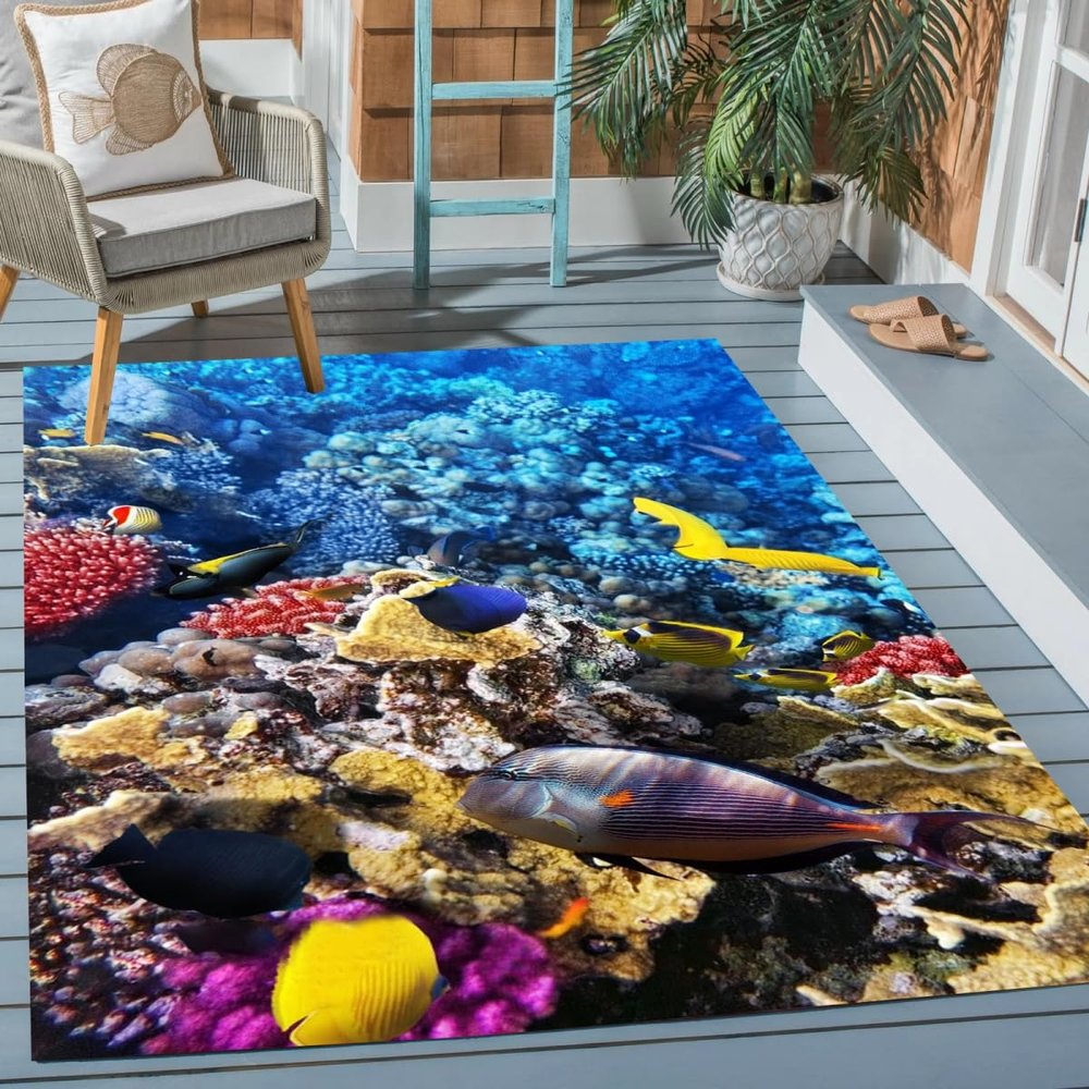 3D Vision Seabed Tropical Fish Coral Area Rug 5x7 Ocean Rugs for Balcony Deck Porch Patio Soft Wool Absorbent Carpet Living Room Bedroom Bathroom Art Decor