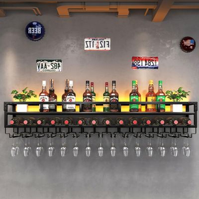 Wine Rack Wall Mounted Bar Shelves with Wine Glass Holder Mini Bar Glass Storage Shelves Wall Bar Cabinet Liquor Bottle Display Shelf Bar Accessories with Light Strip for Home Bar Dining Room Kitchen