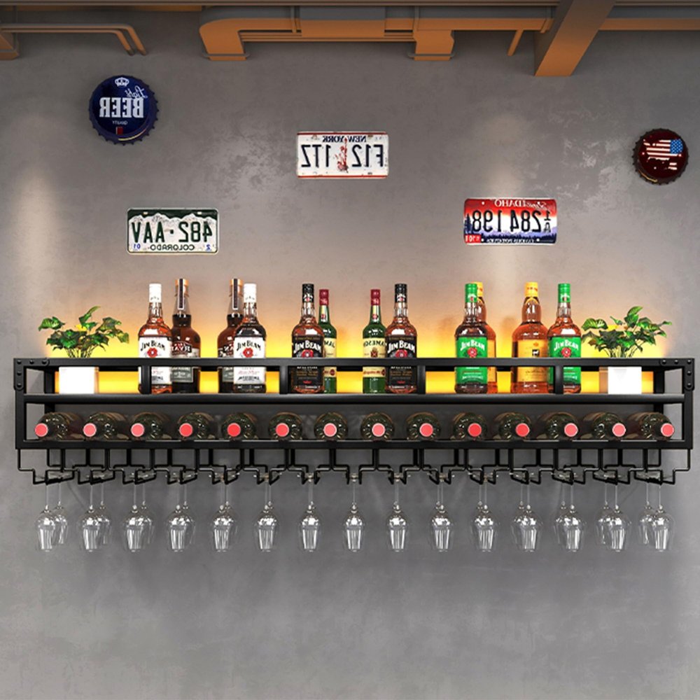 Wine Rack Wall Mounted Bar Shelves with Wine Glass Holder Mini Bar Glass Storage Shelves Wall Bar Cabinet Liquor Bottle Display Shelf Bar Accessories with Light Strip for Home Bar Dining Room Kitchen