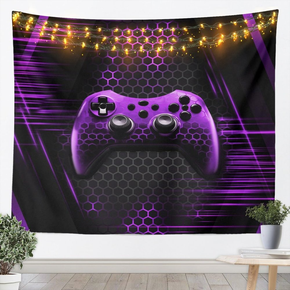 Gaming Gamepad Kids Tapestry,Video Games Controller Gamer Wall Tapestries,Boys Girls Men Room Decor,Geometric Honeycomb Light Neon Wall Hanging,Purple Chic Home Wall Decor,Small 51.2 x 59.1 Inches