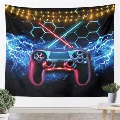 Video Games Controller Kids Tapestry,Geometric Honeycomb Lightsaber Lightning Wall Tapestries,Boys Girls Men Room Decor,Gamepad Gamer Wall Hanging,Red Blue Home Wall Decor,Large 59.1 x 82.7 Inches
