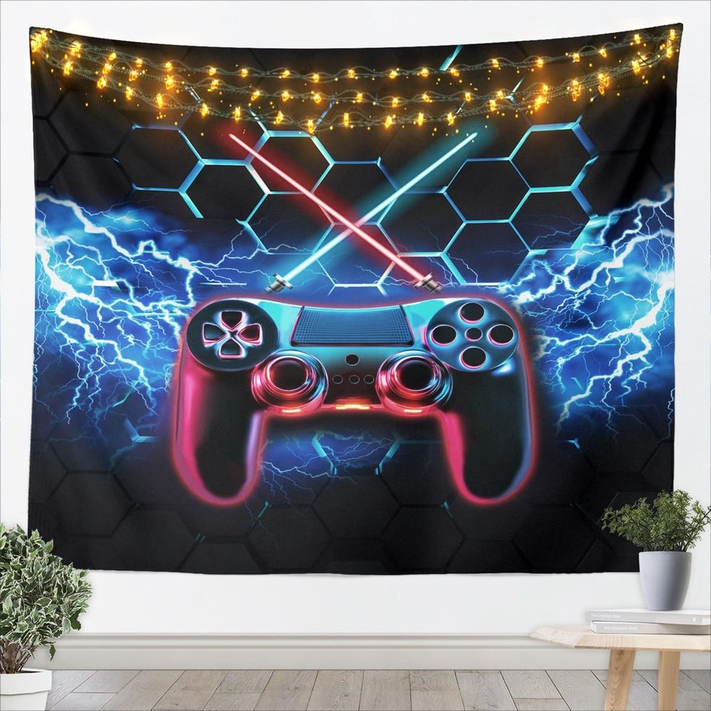 Video Games Controller Kids Tapestry,Geometric Honeycomb Lightsaber Lightning Wall Tapestries,Boys Girls Men Room Decor,Gamepad Gamer Wall Hanging,Red Blue Home Wall Decor,Large 59.1 x 82.7 Inches