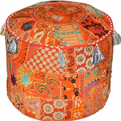 Alia Enterprises Indian Patchwork Pouf Footstool Ethnic Embroidered Pouf Cover Cotton Round Pouffe Ottoman Cover Pillow Ethnic Decor Art - Cover Only (Orange, 22x22x14 Inches)