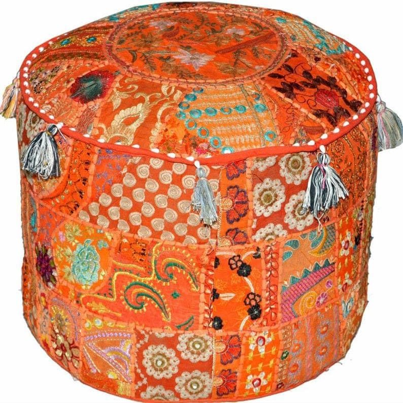 Alia Enterprises Indian Patchwork Pouf Footstool Ethnic Embroidered Pouf Cover Cotton Round Pouffe Ottoman Cover Pillow Ethnic Decor Art - Cover Only (Orange, 22x22x14 Inches)