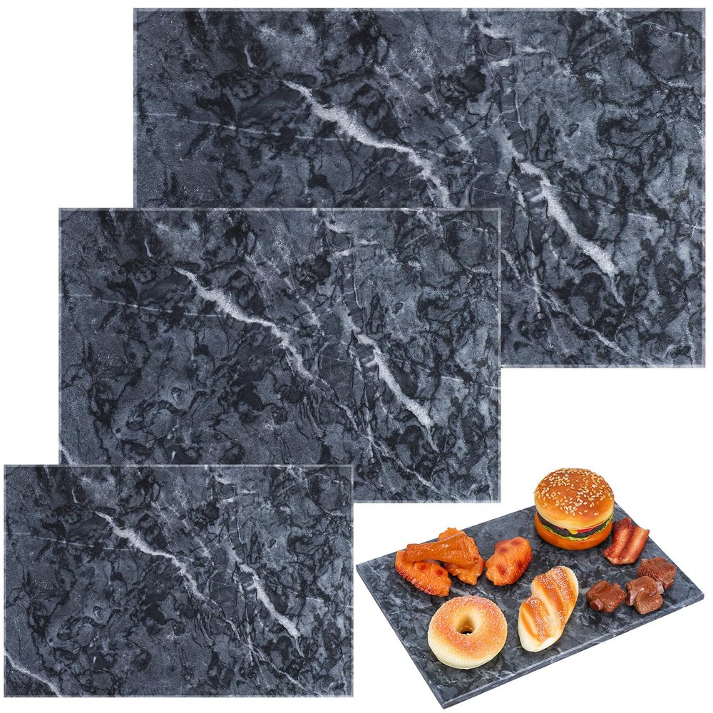 Hushee 3 Pcs Marble Cutting Board for Kitchen Marble Serving Tray Platter Different Sizes 9 x 6'' 12 x 8'' 16 x 10'' Non Slip Feet Pastry Cheese Tray for Pizza Bread Cake Baking Display(Black)