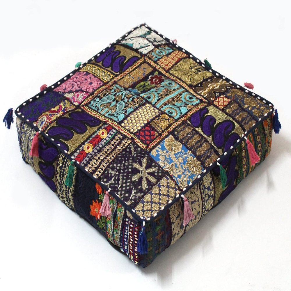 Alia Enterprises Indian Large Square Mandala Patchwork Cotton Floor Pillow Cushion Cover Meditation Boho Bohemian Cushion Pouf Cover - Cover ONLY (35x35x6 Inches, Blue)