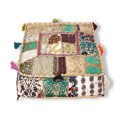 Alia Enterprises Indian Large Square Mandala Patchwork Cotton Floor Pillow Cushion Cover Meditation Boho Bohemian Cushion Pouf Cover - Cover ONLY (35x35x6 Inches, Beige)