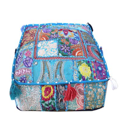 Alia Enterprises Indian Large Square Mandala Patchwork Cotton Floor Pillow Cushion Cover Meditation Boho Bohemian Cushion Pouf Cover - Cover ONLY (35x35x6 Inches, Turquoise)