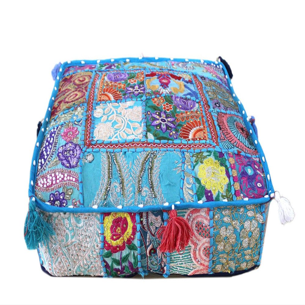 Alia Enterprises Indian Large Square Mandala Patchwork Cotton Floor Pillow Cushion Cover Meditation Boho Bohemian Cushion Pouf Cover - Cover ONLY (35x35x6 Inches, Turquoise)