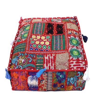 Alia Enterprises Indian Large Square Mandala Patchwork Cotton Floor Pillow Cushion Cover Meditation Boho Bohemian Cushion Pouf Cover - Cover ONLY (35x35x6 Inches, Red)