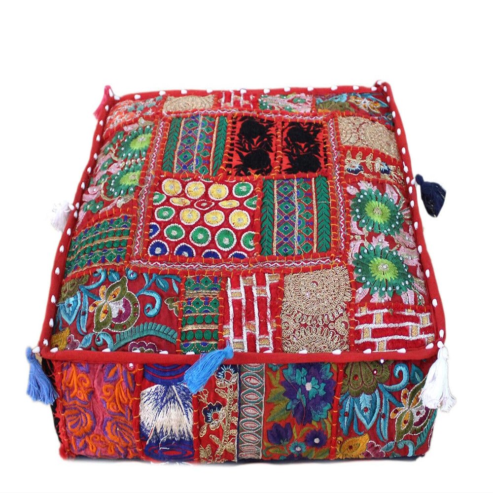 Alia Enterprises Indian Large Square Mandala Patchwork Cotton Floor Pillow Cushion Cover Meditation Boho Bohemian Cushion Pouf Cover - Cover ONLY (35x35x6 Inches, Red)