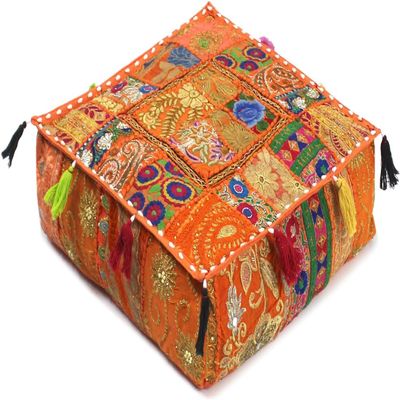 Alia Enterprises Indian Large Square Mandala Patchwork Cotton Floor Pillow Cushion Cover Meditation Boho Bohemian Cushion Pouf Cover - Cover ONLY (22x22x5 Inches, Orange)