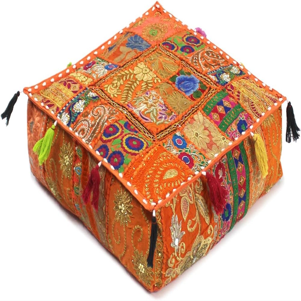 Alia Enterprises Indian Large Square Mandala Patchwork Cotton Floor Pillow Cushion Cover Meditation Boho Bohemian Cushion Pouf Cover - Cover ONLY (22x22x5 Inches, Orange)