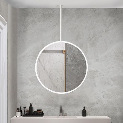 Gaommini White Circle Mirror Metal Ceiling Mounted Mirror with Ceiling Hanging Rod, Bathroom Mirror Vanity Make-up Mirror, Decorative Round Mirrors for Wall (Size : Diameter-40CM/15.7INCH)