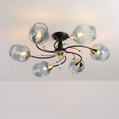 Chandelier Ceiling Light Modern Crystal Glass Chandelier Black Pendant Light Mid-Century Chandelier Fixtures Compatible with Dining Room Bedroom Living Room E27 Bulbs-Blue 6 head Home Decor Lamp ,pend