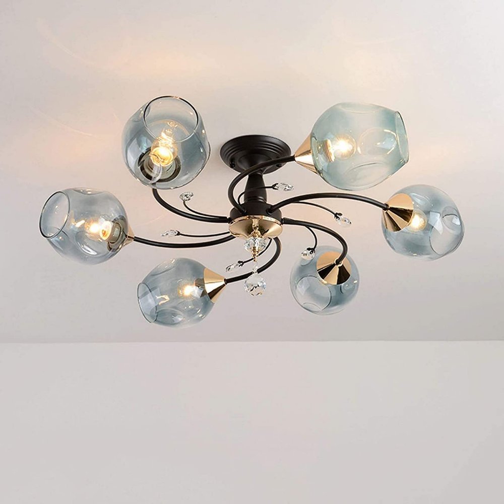Chandelier Ceiling Light Modern Crystal Glass Chandelier Black Pendant Light Mid-Century Chandelier Fixtures Compatible with Dining Room Bedroom Living Room E27 Bulbs-Blue 6 head Home Decor Lamp ,pend