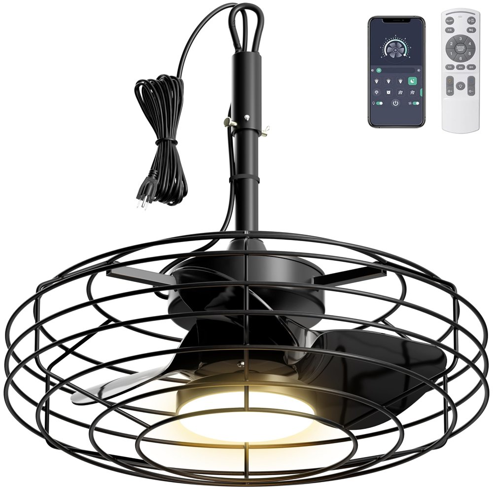 Coolbull Outdoor Ceiling Fans with Light for Patios, 20'' Wet Rated Gazebo Fan Remote&APP Control, Dimmable Hanging Fan with Plug in Cord for Pergola, Black