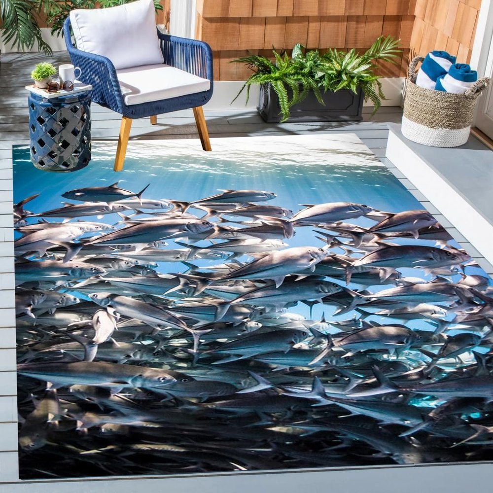 3D Seabed Shoal Area Rug 4x6 Navy Underwater World Rugs for Living Dining Room Washable Non Slip Kitchen Laundry Bathroom Carpet Indoor Outdoor Floor Rugs