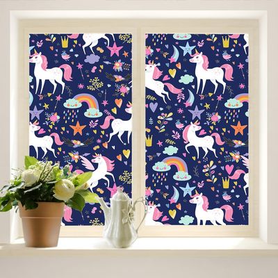 Brebasf Cartoon Cute Unicorn Easy Installation Window Film Watercolor Rainbow Colorful Romantic Animal Floral Leaf Unicorn Window Decorative Film Window Stickers-35.4W x78.7L in x2Pcs