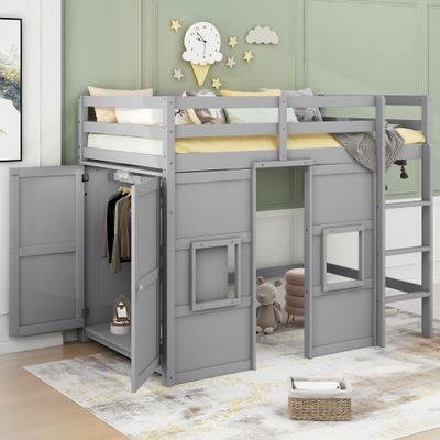 Brabrety Unique Wood Twin Size Loft Bed with Built-in Storage Wardrobe and 2 Windows,for Kids Boys Girls Teens Adults Bedroom (Gray@Windows, Twin)