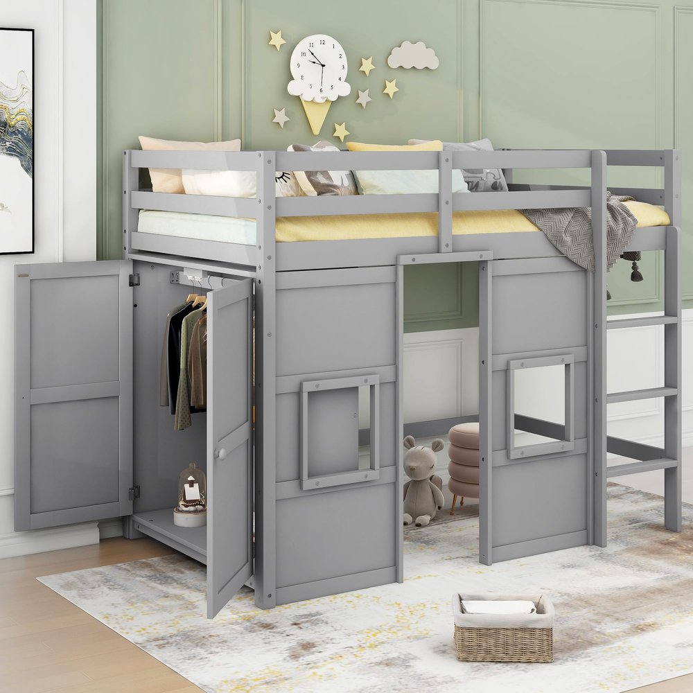 Brabrety Unique Wood Twin Size Loft Bed with Built-in Storage Wardrobe and 2 Windows,for Kids Boys Girls Teens Adults Bedroom (Gray@Windows, Twin)