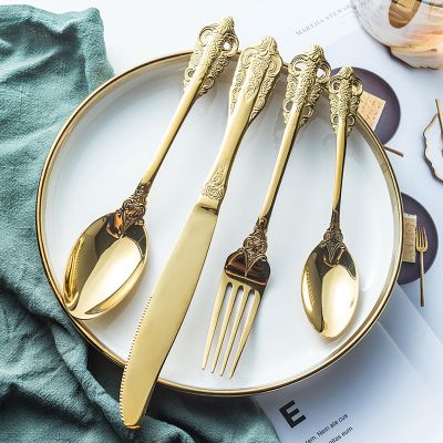 Gold Silverware Set 32 PCS,Fine Carving Flatware Set for 8, Food-Grade Stainless Steel include Dinner Forks Spoons Teaspoons Knives Home Kitchen Essentials for Home, Restaurant, Wedding, Party