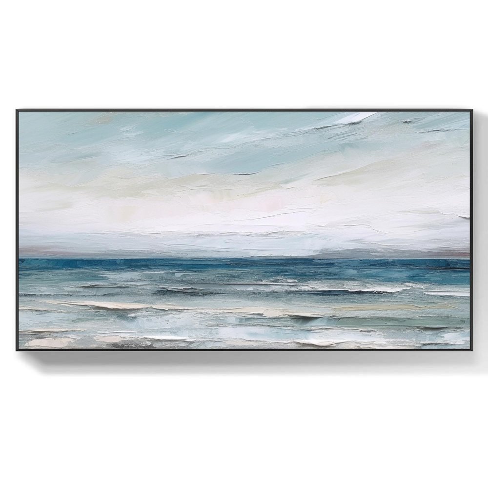 3D Minimalist Ocean Painting Canvas Painting Wabi-Sabi Wall Art Texture Wall Art Wave Minimalist Art Painting,(61 * 122cm) 24 * 48 Inches,Stretch+Black Frame