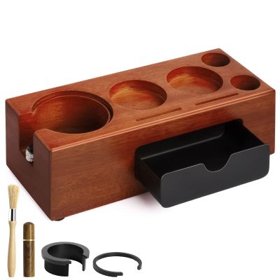 Espresso Tamping Station Wooden Coffee Tamper Station Fit for 51, 54, 58MM Espresso Accessories, Espresso Tamper Holder for Coffee Tamper Distributor Portafilter with Espresso Stirrer, Coffee Brush