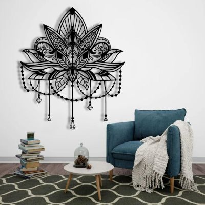 Metal Mandala Wall Art,Lotus Metal Wall Art,Mandala Wall Decor for Bedroom,Living Room,Yoga Room,Bathroom,Office(16" x 19" / 40 x 47cm, Black)