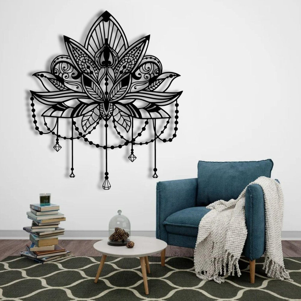 Metal Mandala Wall Art,Lotus Metal Wall Art,Mandala Wall Decor for Bedroom,Living Room,Yoga Room,Bathroom,Office(16" x 19" / 40 x 47cm, Black)