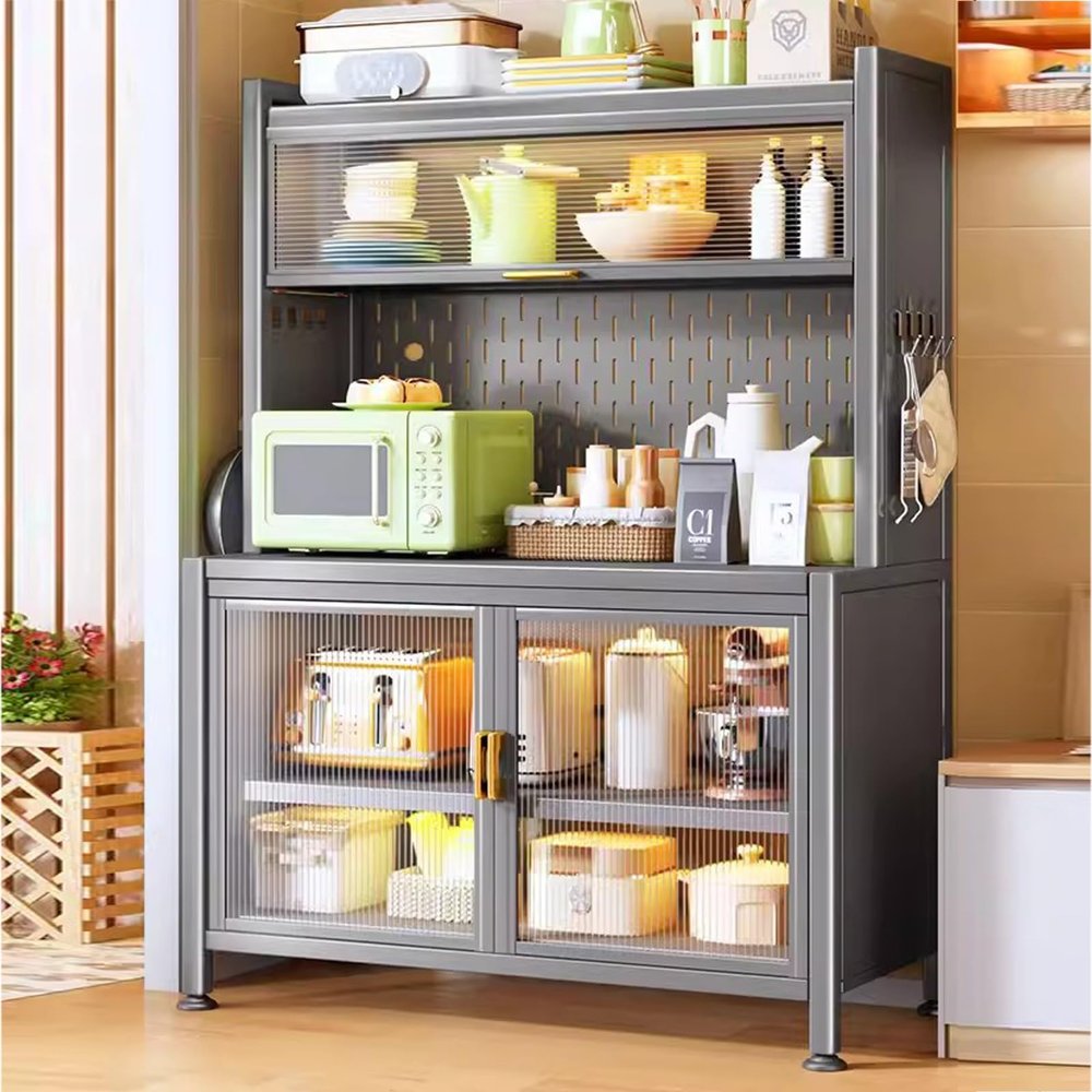 BREZO 5-Tier Kitchen Baker's Rack, Microwave Stand with Hooks Accessories, DIY Backplane Creative, Kitchen Storage Cabinets (Color : B)