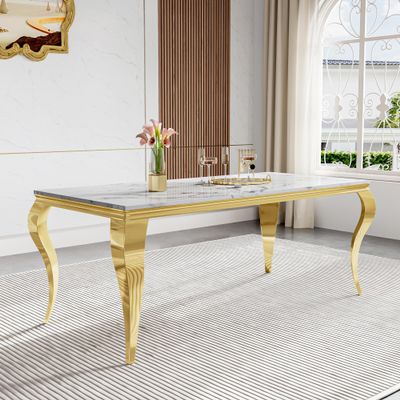 70'' Marble Dining Table for 8 People, Rectangle Marble Dining Table with MDF Top and Snake Stainless Steel Legs,Modern Marble Kitchen Table for Living Room Home Office, Silver