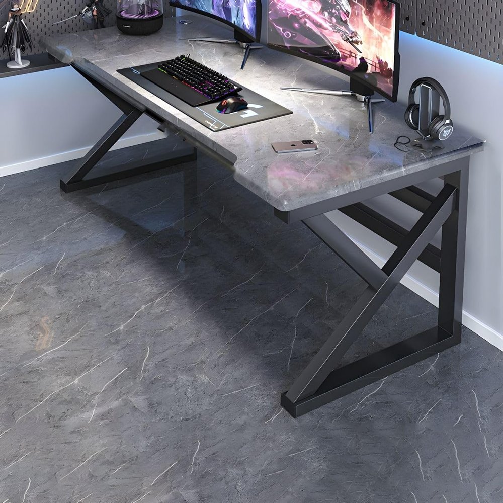 KWOKING Writing Desk with Black Metal Trestle Base Cable Management Wood Top Desktop Simple E-Sports Table Without Chair Desk Student Writing Desk Workbench Office Desk Grey 63" L x 24" W x 29" H