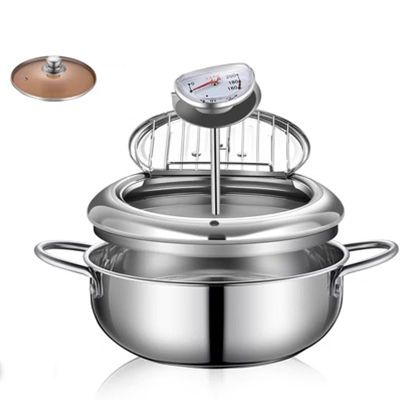 Deep Fryer, Tempura Deep Fryer, with Thermometer, with Tempered Glass CoverNon-stick Pan, Soup Pot, 304 Stainless Steel