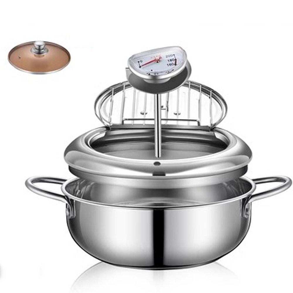 Deep Fryer, Tempura Deep Fryer, with Thermometer, with Tempered Glass CoverNon-stick Pan, Soup Pot, 304 Stainless Steel